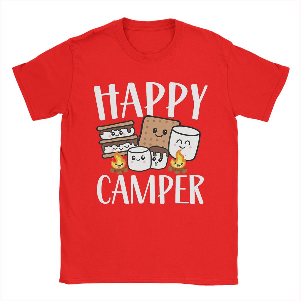 Kawaii Smore Happy Camper Camping Cotton TShirt For Men Summer Funny T Shirts O Neck Hipster Tees Plus Size Custom Logo Tops