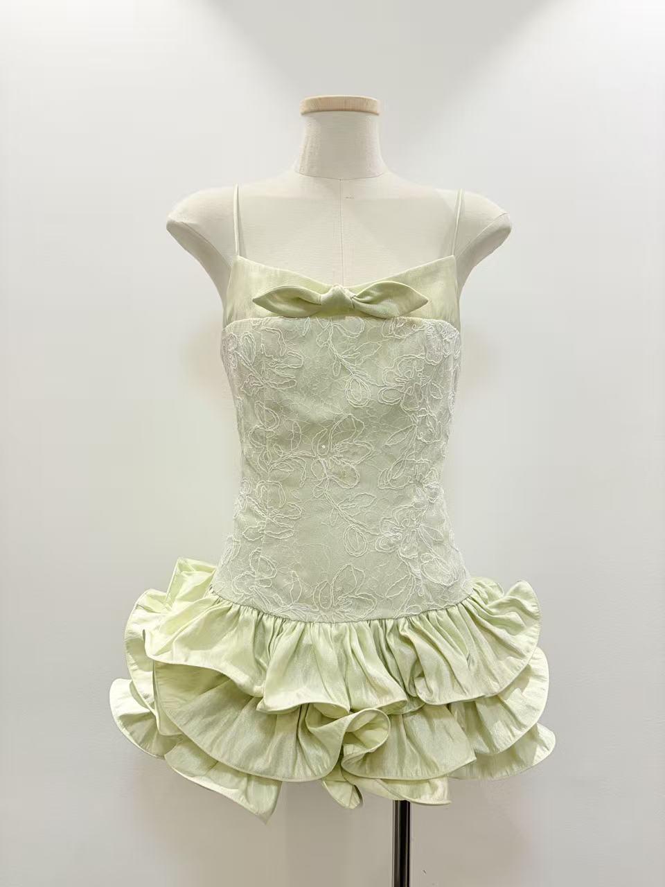 

Vietnamese Designer Green Ruffled Camisole Dress - Irregular Tiered Style for Women Large