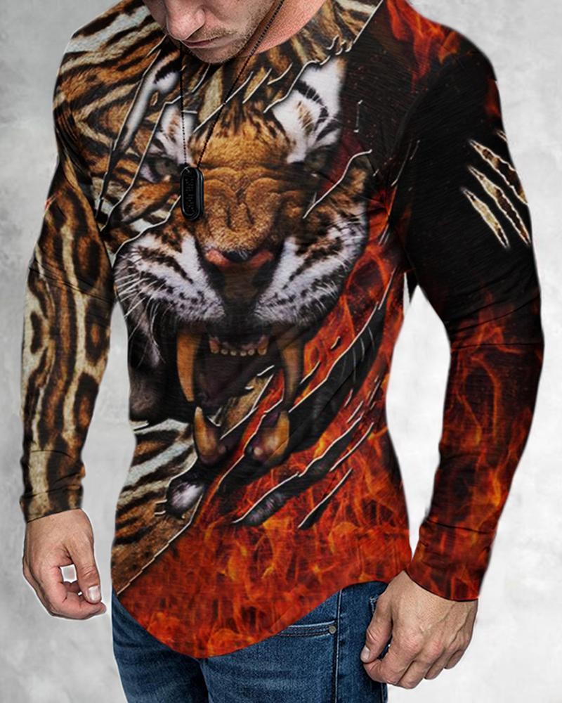 Frühling Herbst Mode Trendiges Herren Langarm Totenkopf Tier Bedrucktes T-Shirt Herren T-Shirts