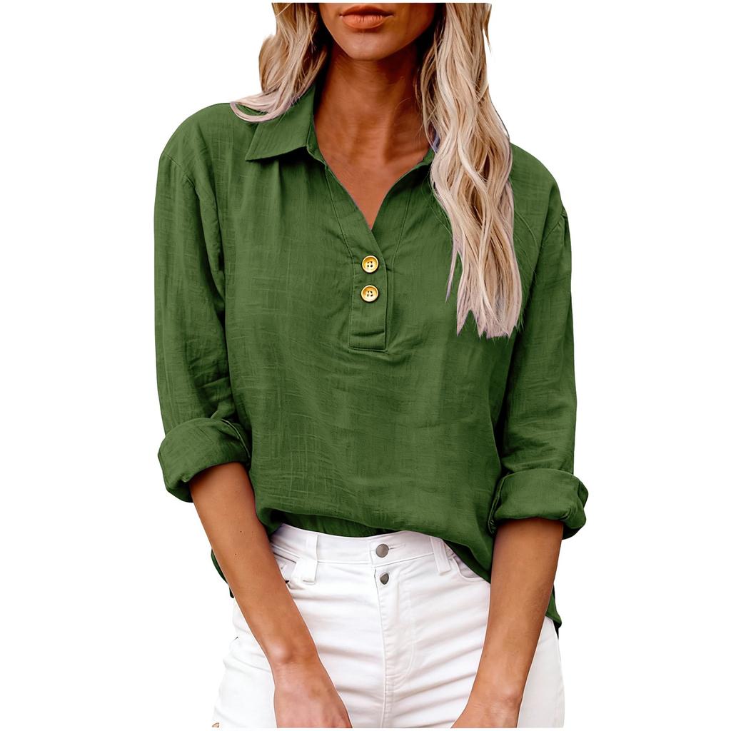 Women's Shirt Seven-Sleeve Lapel Cotton Linen Top Solided Color Casual Breathable Lapel Shirt