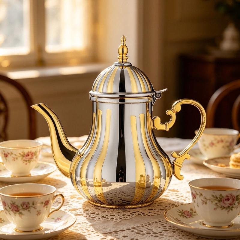 Arabics Coffee Pot 1.2L Stainless Steel Turkish Teapot Gold and Silver Wide Mouthed Hot Drink Servers for Coffee Tea Service