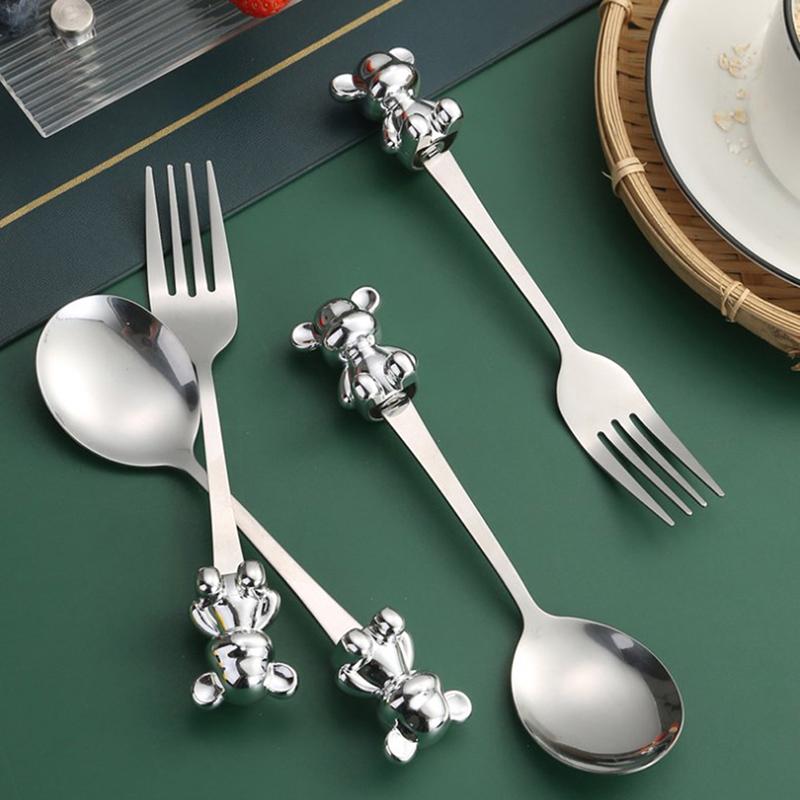 2PCS Bear Cartoon Spoon Fork Creative Fruit Fork Cute Bear Stainless Steel Spoon Western Food Spoon Soup Spoon Dessert Spoon