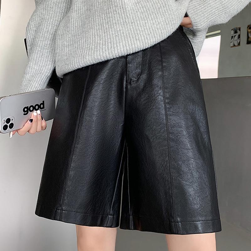 

Шорты, женские широкие укороченные брюки с высокой талией, свободные повседневные прямые кожаные брюки XXL чёрный