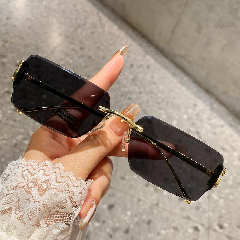 Frameless Square Sunglasses For Women Men's New Narrow Frame Sunglasses Retro Leopard Head Metal Sunscreen 90282