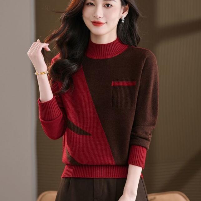 Autumn Winter Women's Crew Neck Thick Knit Sweater Loose Color-block Soft and Skin-friendly Knitted Pullover Top