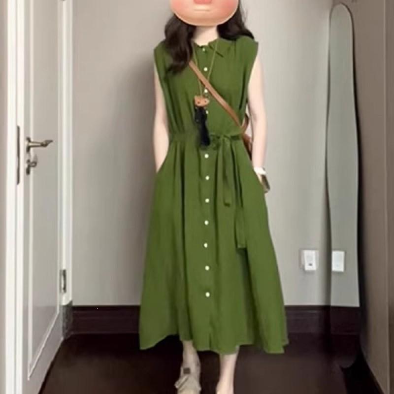 Retro Artistic Green Shirt Sleeveless Dress Women Simple Casual Comfortable Relaxed Atmosphere Long