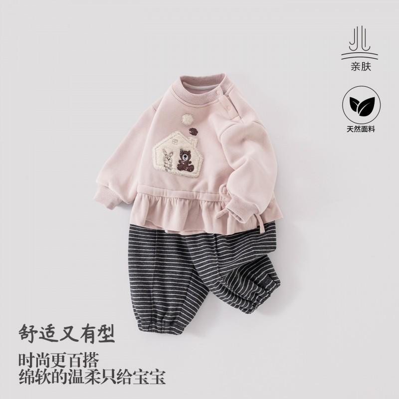 Girls Winter Warm 2-Piece Set Cotton Fleece Hoodie Striped Pants Toddlers 1-3 Years