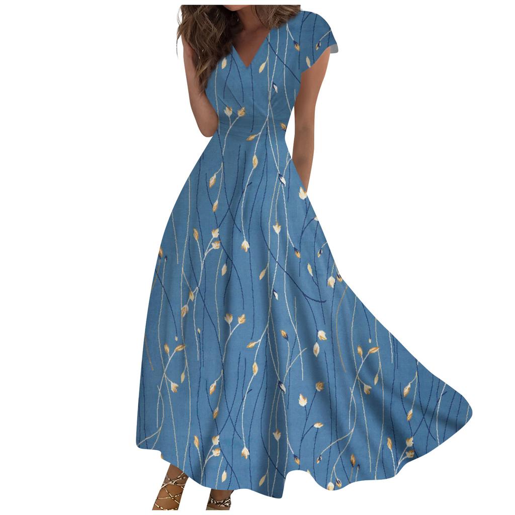 Langes Damenkleid, Maxikleid, Freizeitkleid, Chiffon-Kleider, Swing-Kleid, einfarbig, lässig, reif, Outdoor, Alltag, Date, gerüscht, kurzärmelig, V-Ausschnitt