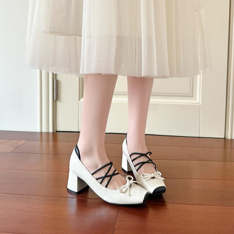 French retro color matching square head thick heel Mary Jane shoes female high heel fairy ballet shoes cross strap silver single shoes