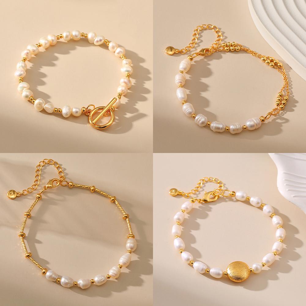 Fashion Freshwater Pearl Gold Plated Beaded Bracelet for Women Natural Pearls with Link Chain Bracelet Bangles Charm Zircon