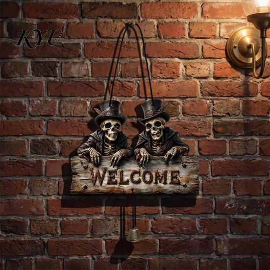 Spooky Home Entrance Decor Halloween Wooden Welcome Hanging Sign, Vintage Farmhouse Door Hanger with Skeleton Pumpkin Style Festive Ghost, Decorative