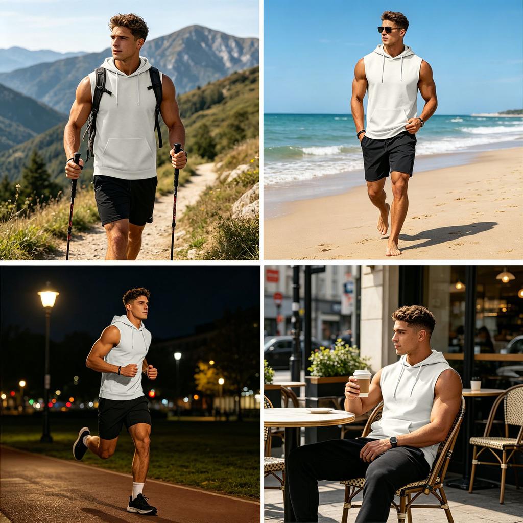 Men's Sleeveless Hoodie Casual Sportswear Muscle Fit Wide Shoulder Drawstring Hooded Pocket Tank Top