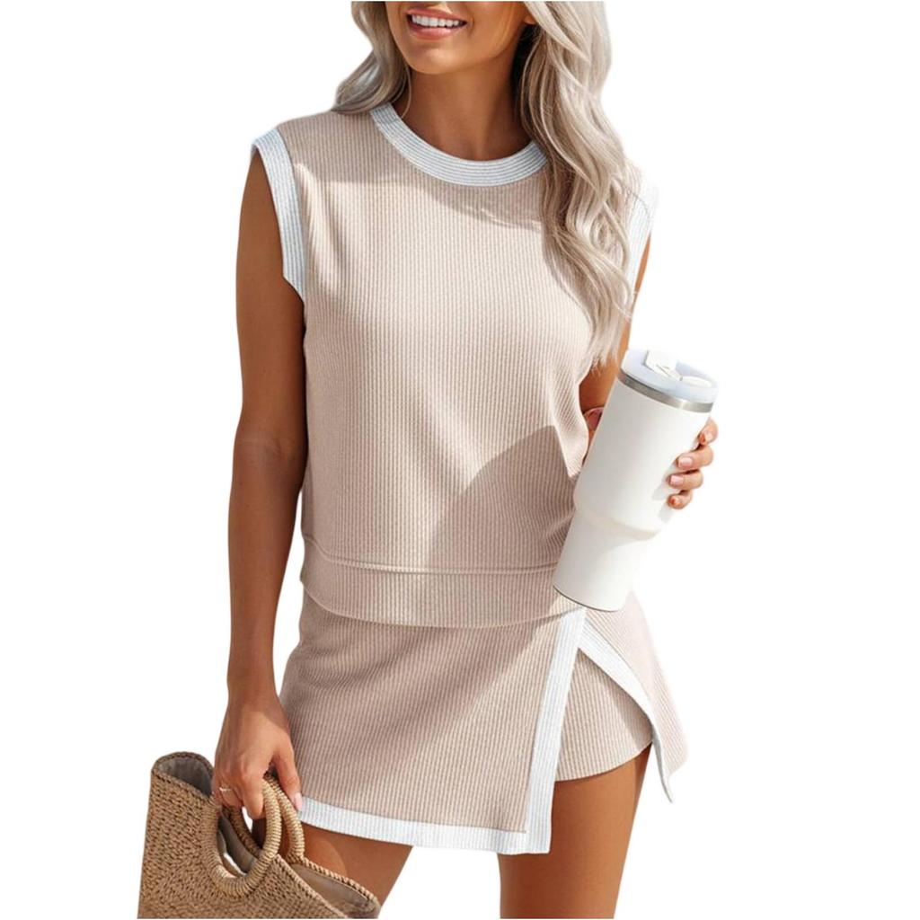 Women's Fashionable Casual Fitness Color,Block Split,Front ,Exposure Tank Top Set