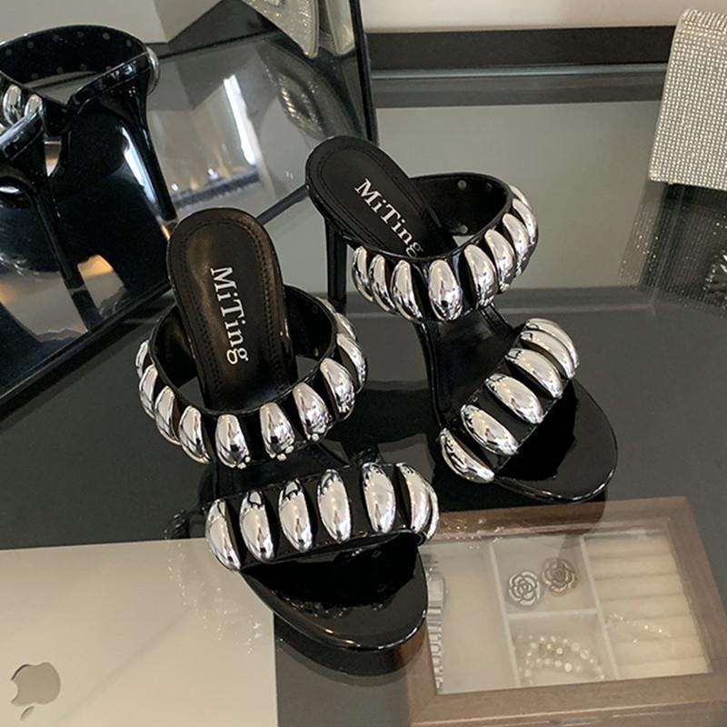 Роскошные металлические декоративные мюли тапочки женские летние сексуальные туфли — фото 4