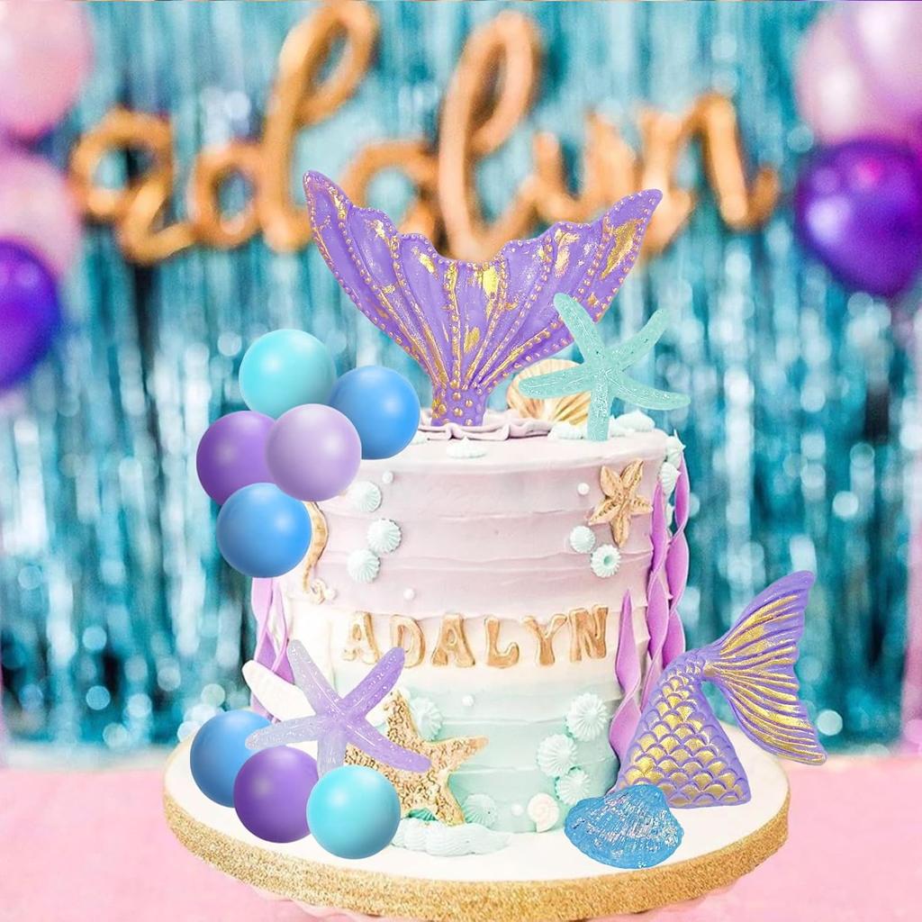 Mermaid Cake Topper 26Pcs Under The Sea Cake Decors Seashell Mermaid Tail Cake Decoration for Ocean Theme Party Supplies