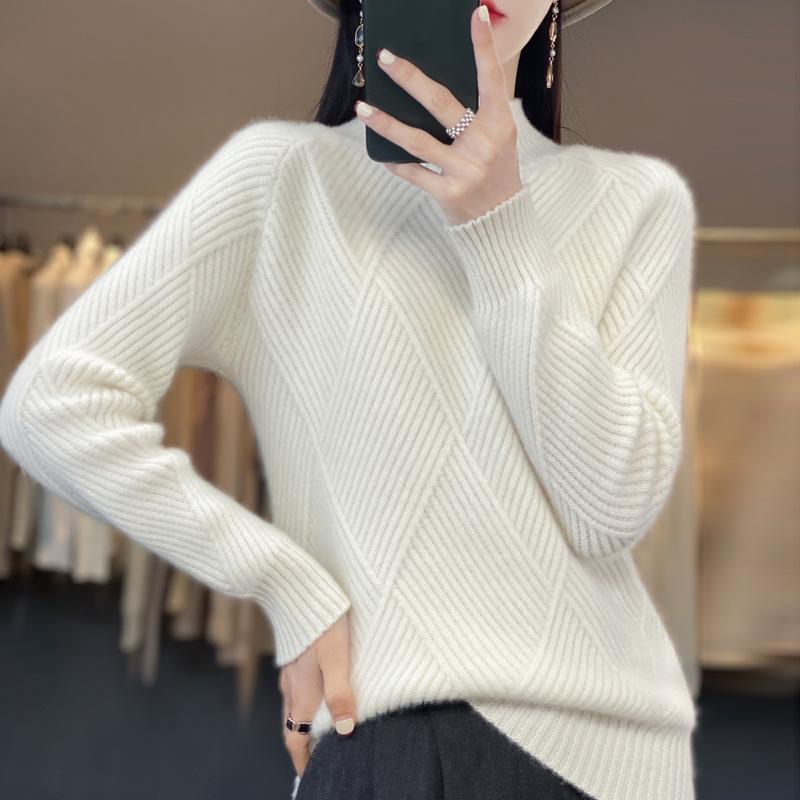 Women's Autumn-Winter Wool Knit Sweater - Half-High Collar, Solid Color, Slimming Pullover with Long Sleeves