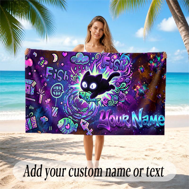 Cat Theme Soft Beach Towel Personalized Custom Name Text Towel Portable for Beach Pool Travel