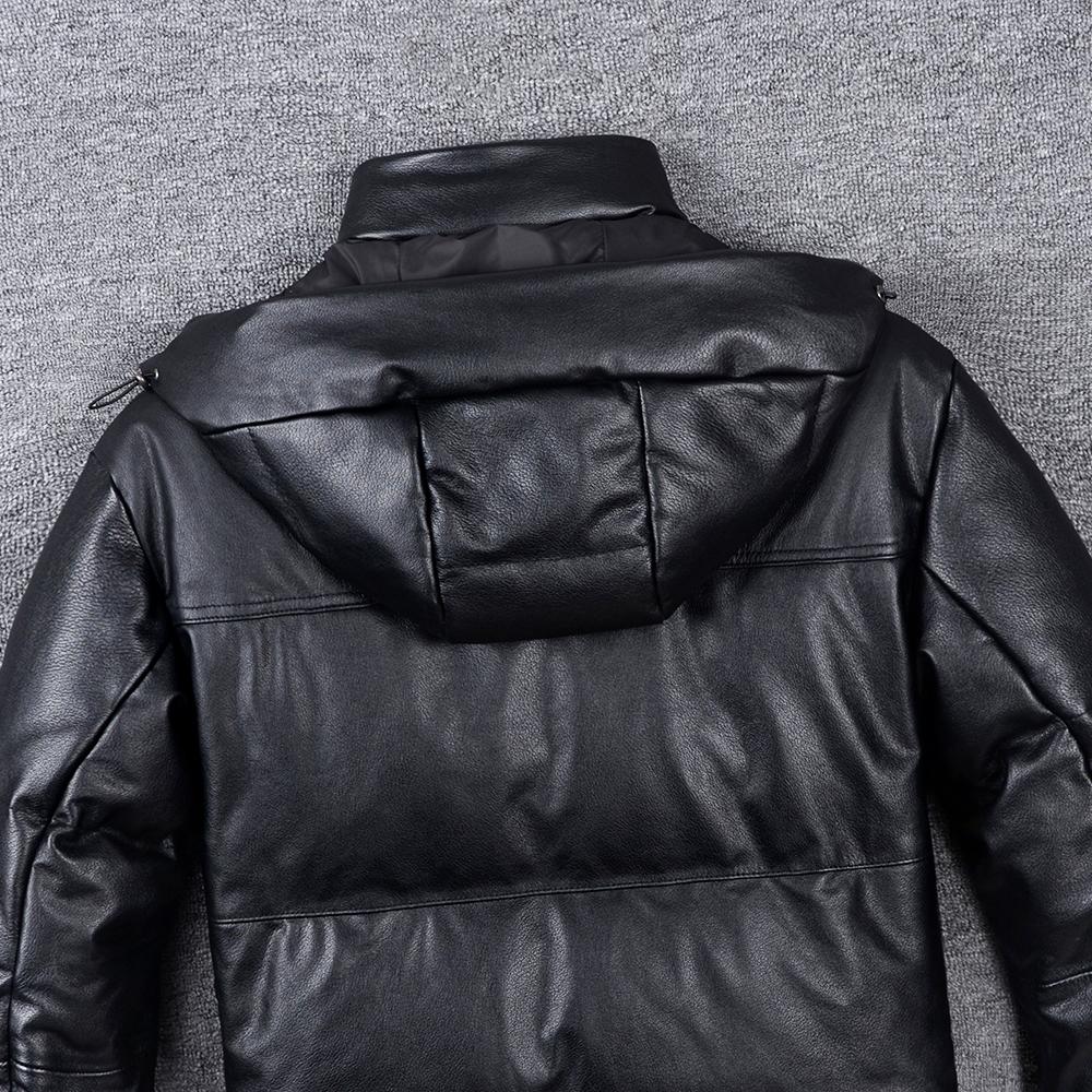 Wide Shoulder Thick Soft Men Genuine Cow Leather Duck Down Coat Removable Hood Warm Winter Jacket Cowhide Leather Men's Clothing