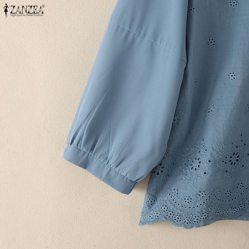 ZANZEA Blusa da donna casual con scollo rotondo, manica a 3/4, patchwork all'uncinetto