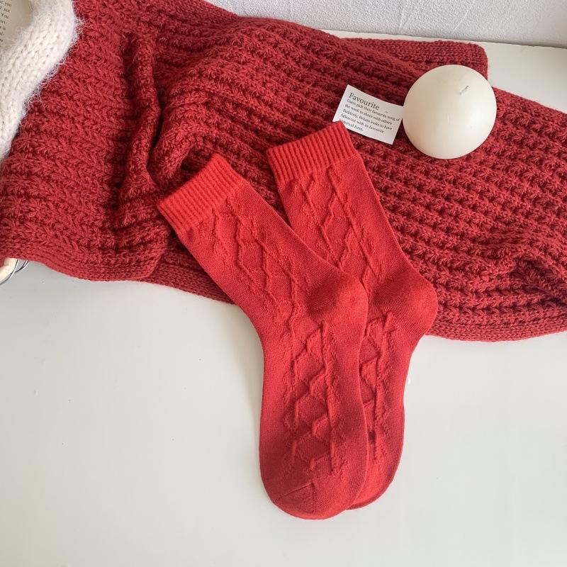 Cashmere Socks Women'S Thickened Warm Medium Tube Socks Wedding Natal Year Ankela Red Socks