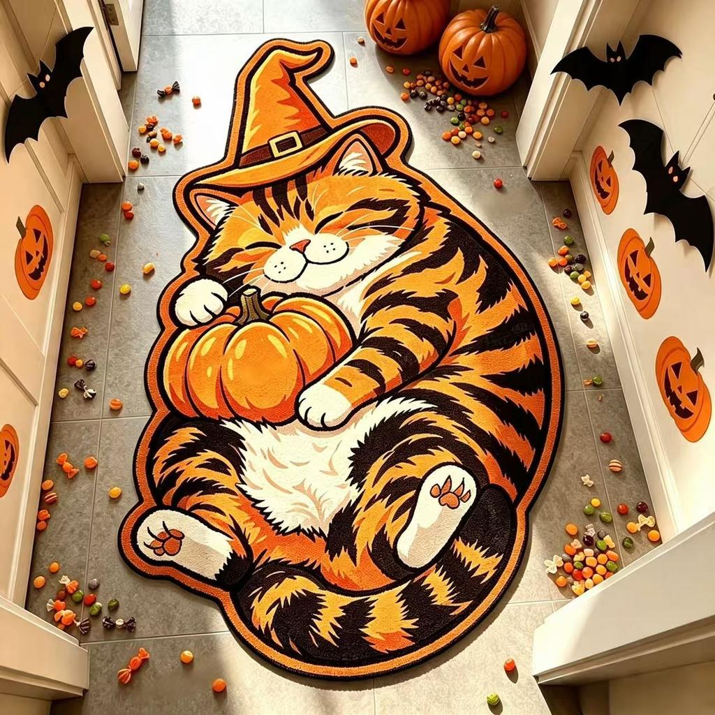 Halloween Carpet Halloween Wizard Orange Cat Irregular Bath Mat Non Slip Water Absorbent Bedroom Entrance Holiday Home Decor Rug