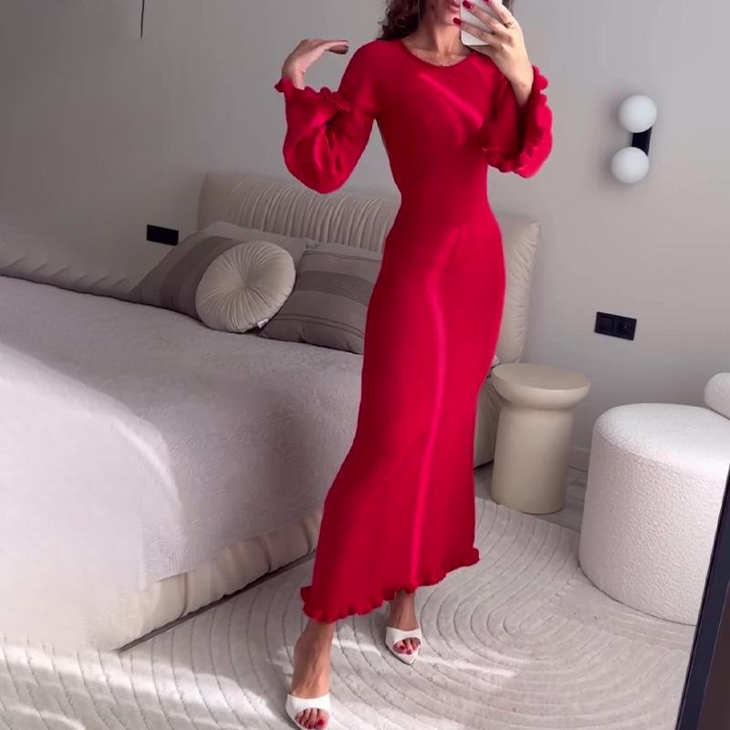 Herbst 2024 Sexy rückenfreies hochtailliertes Langarmkleid mit Rundhalsausschnitt – Damenmode