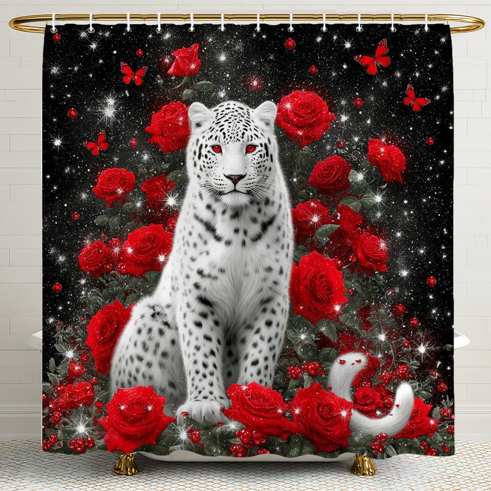 Cougar And Red,Blue Rose Shower Curtain, Animal Pattern Bathroom Decorative Shower Curtain, Printed Shower Curtain With Hooks
