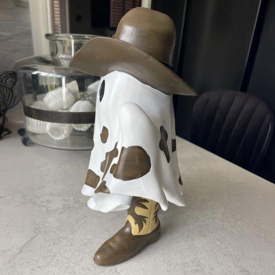 Ghost Cowboy Figurine Halloween Ghost Wearing Cowboy Hat Boots Decoration Desktop Ghost Statue for Mantel Cabinet Bookshelf
