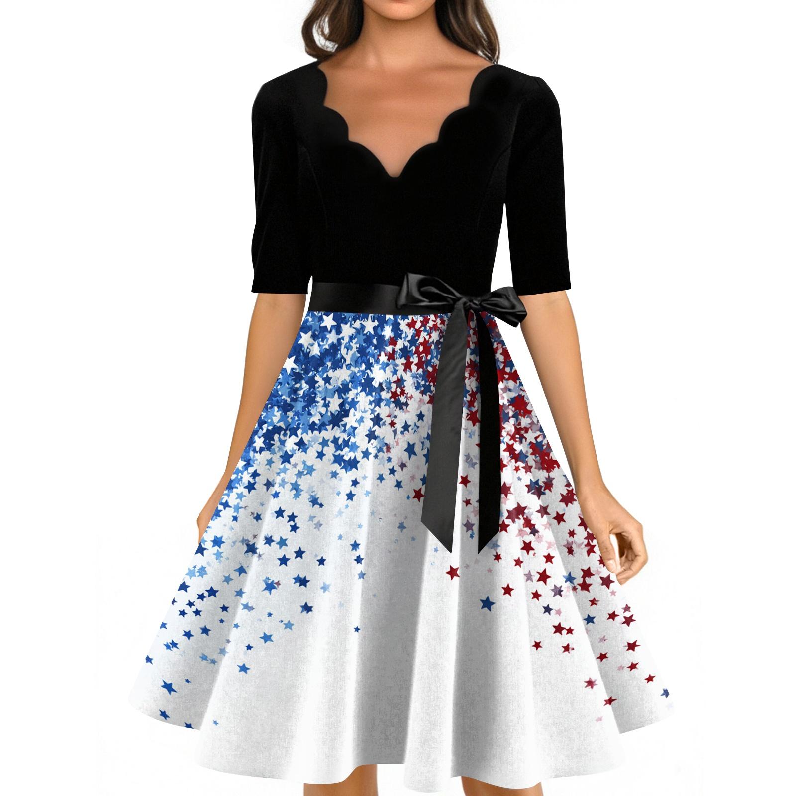 Women’s Casual Fashion Independence Day Printed V-Neck Retro Short-Sleeve Dress L