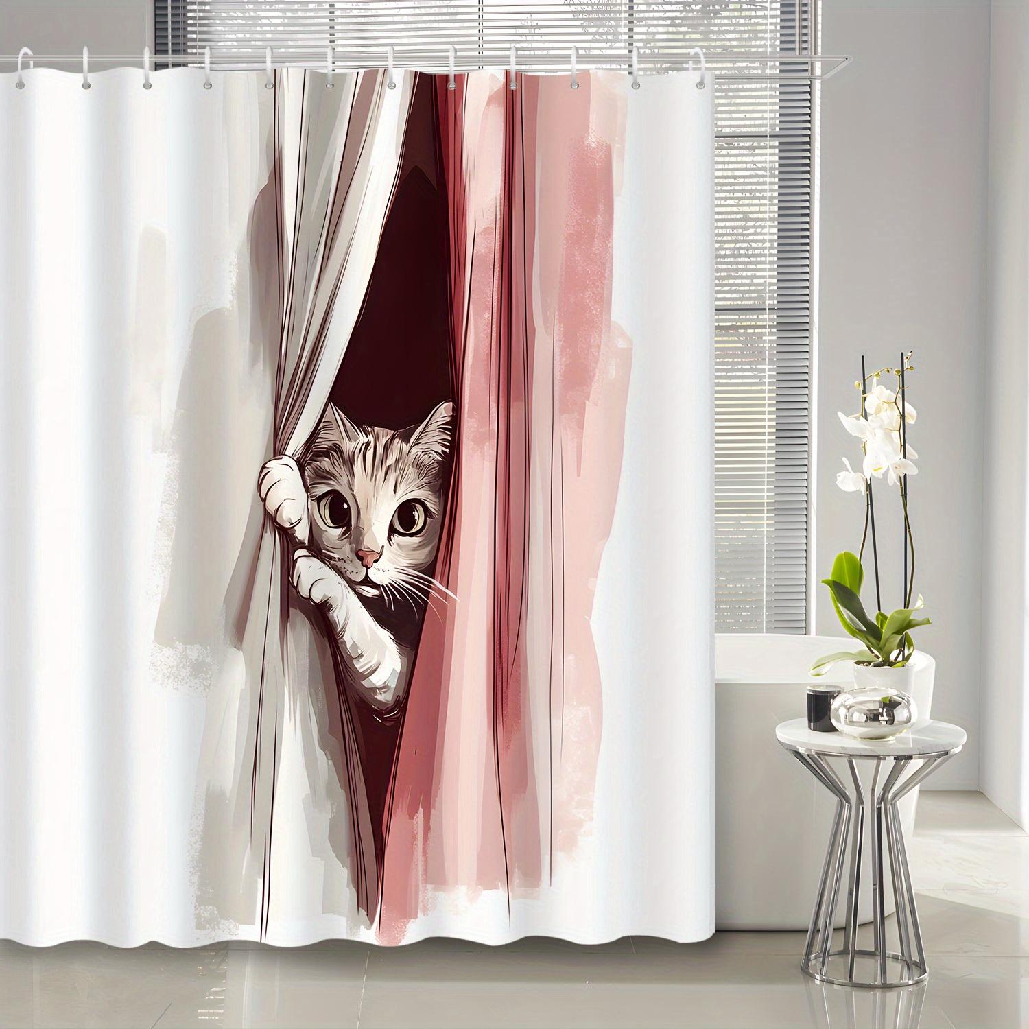 

1pc Watercolor Cartoon Cute Cat Shower Curtain, Decorative Bathroom Partition Curtain with 12 Hooks, Bath Room Decoration 90x180cm35x71in