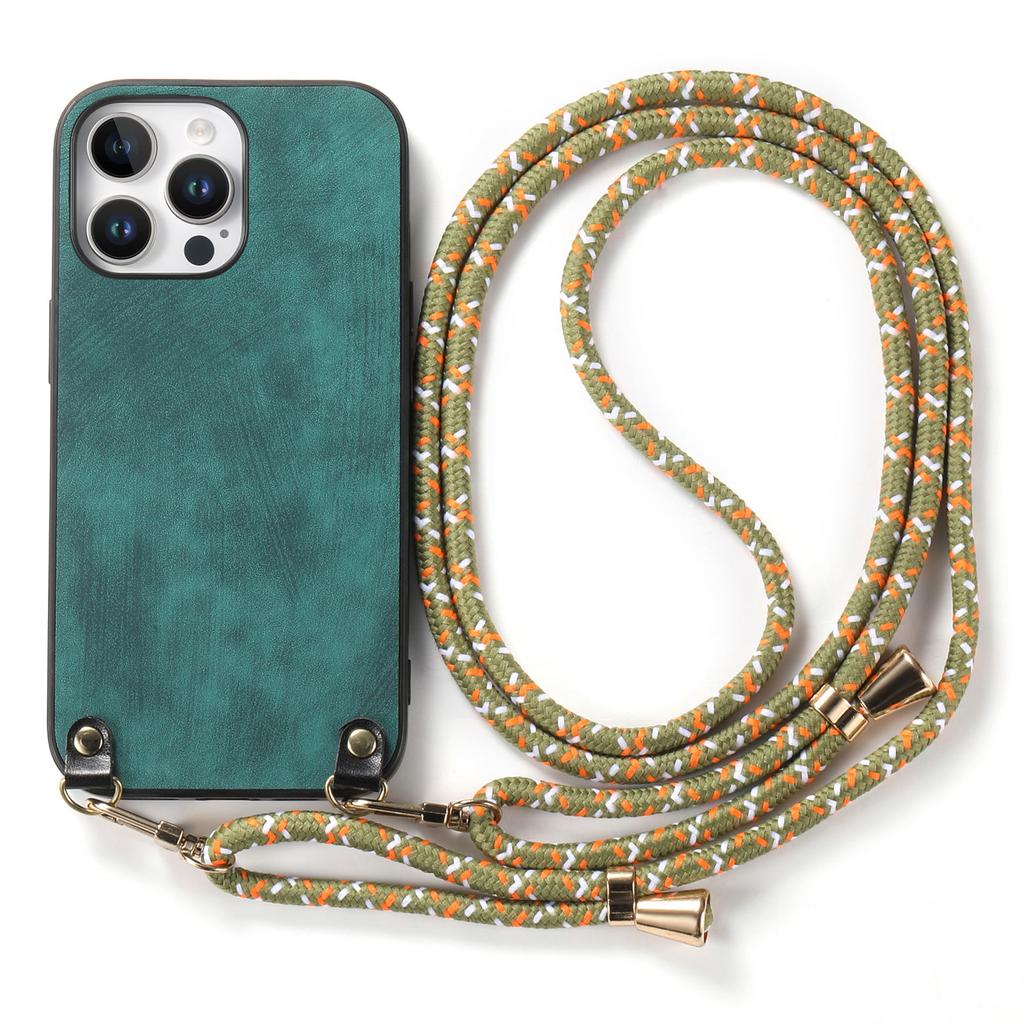 For iPhone 16 Pro Max Case Retro Texture Leather Coated PC+TPU Phone Cover with Hanging Rope