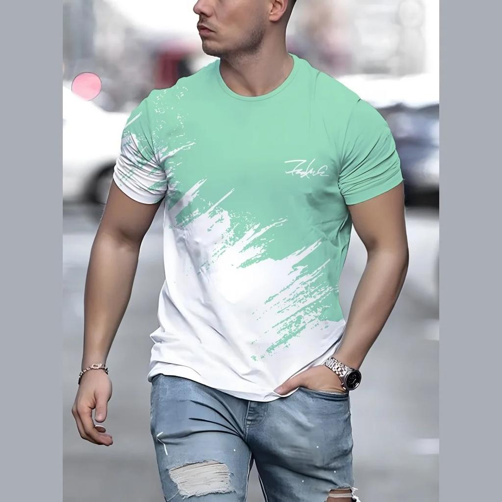 Summer Round Neck Gradient Color Block 3D Print Top Fashionable Casual Short Sleeved Men's T-shirts