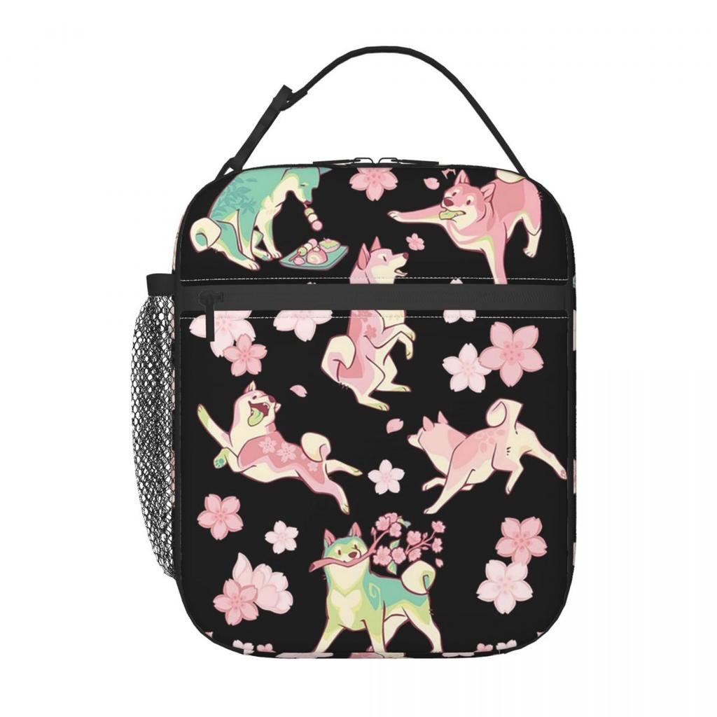Black Brown Shiba Inu Dog And Flowers Insulated Lunch Bag for Women Kids Portable Food Boxes Thermal Lunch Box Tote