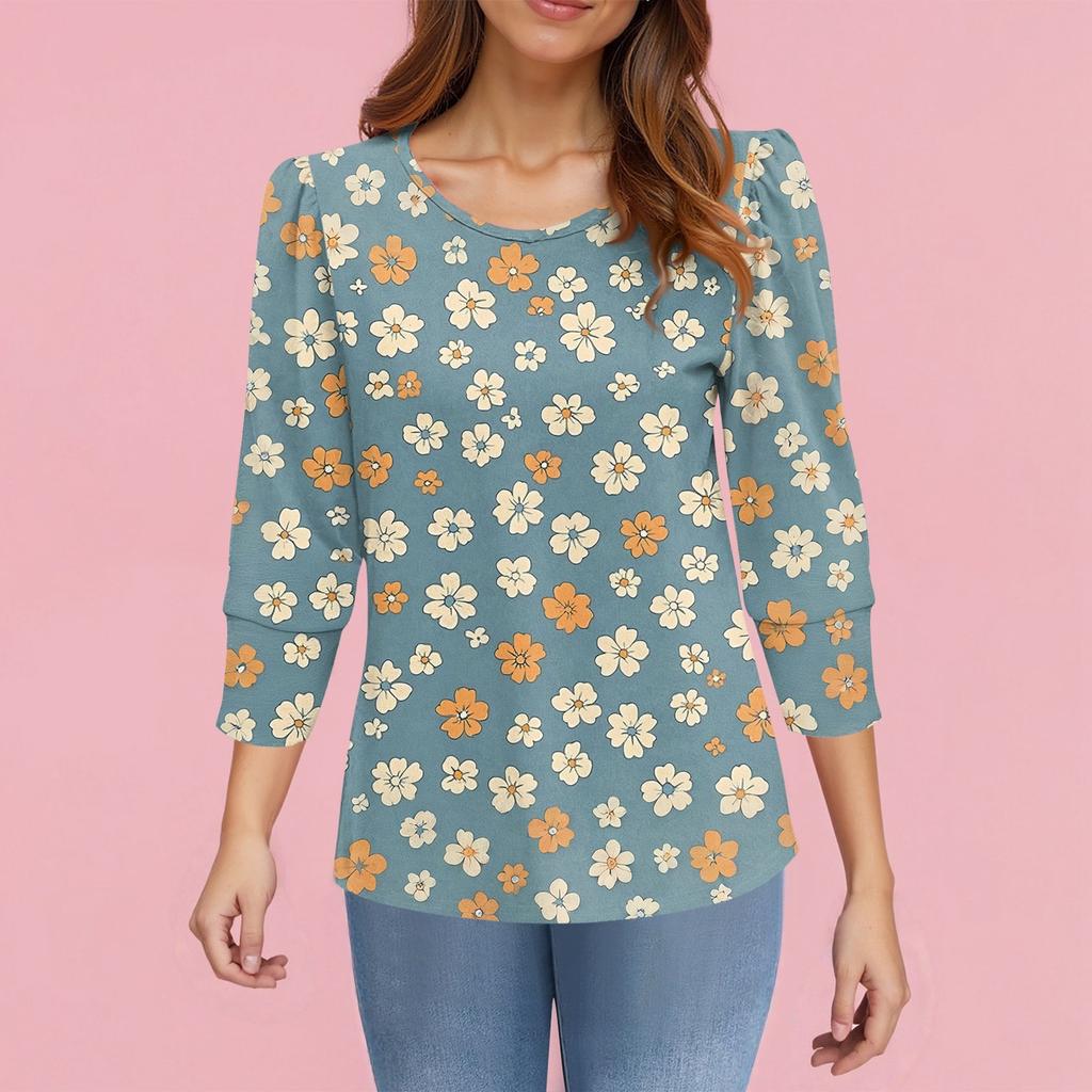Women's Fashion Casual 3/4 Sleeve Print Shirt Women's Round Neck Tops