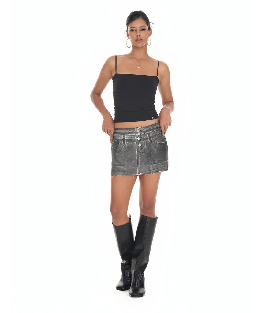 Too Much Tax Layered Waist Denim Skirt Pants Washed Black
