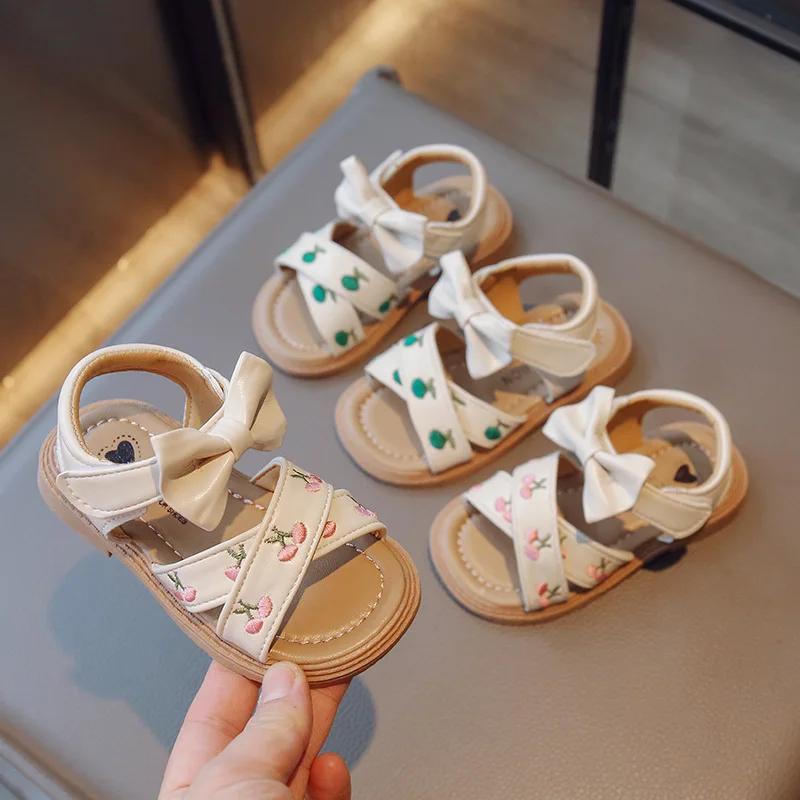 Sweet Children's Sandals Girl Summer Bowknot Fashion Kids Embroider Beach Shoes Fashion Versatile Toddlers Causal Flat Sandals