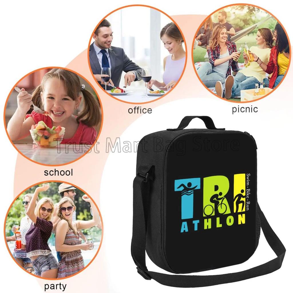 Swim Bike Run Pattern Insulated Lunch Bag Reusable Thermal Cooler Oxford Totes with Adjustable Strap for Travel Picnic