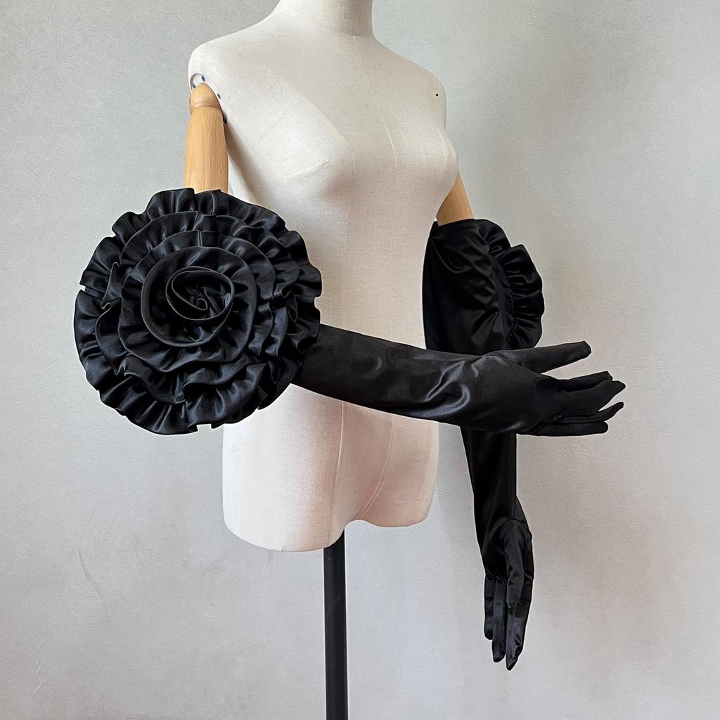 Satin Rose Flower Long Gloves – Detachable Bridal Arm Warmers for Wedding, Evening Gown & Photo Shoot