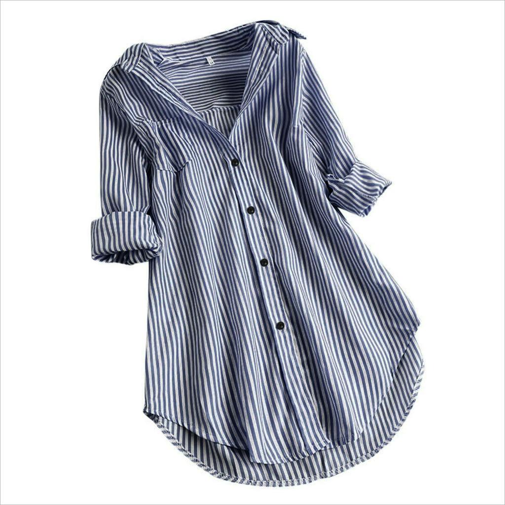 Spring and Summer Chic Striped Long-sleeved Loose Shirt with Lower Collar Women