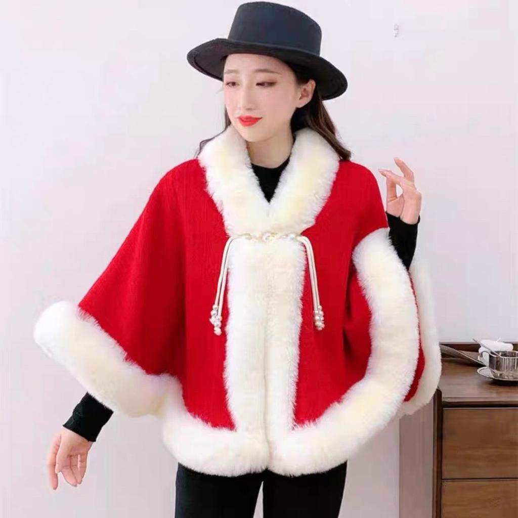 931# Women's Versatile Cheongsam Cloak: Fleece-Lined, Faux Otter Fur Collar Shawl, Thickened for Warmth