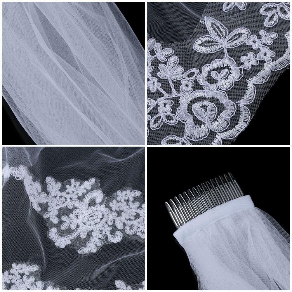 New White/Ivory One-tier Bridal Wedding Veil with Comb Edge Applique Tulle Lace