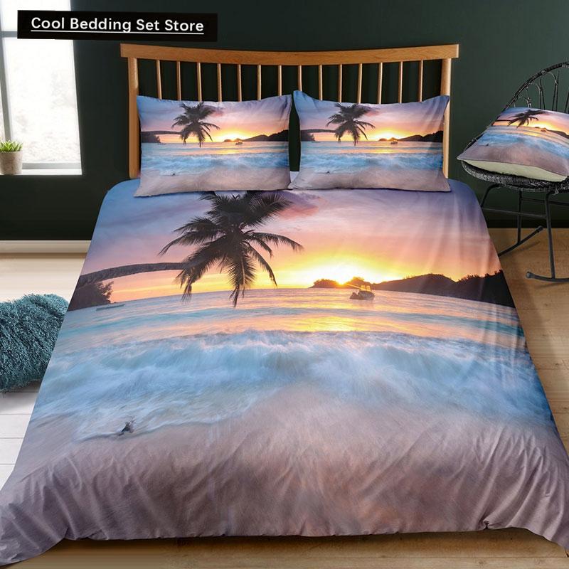 Set de lenjerie de pat Dream NS Modern Nature Imprimare digitală 3D Plajă Coconut Grove Summer Dormitor Husă de pilote Față de pernă Kit de lenjerie de pat