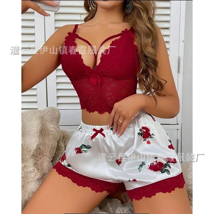 

Новый сексуальный пижамный комплект кружевные шорты на подтяжках женская сексуальная пижама S красный