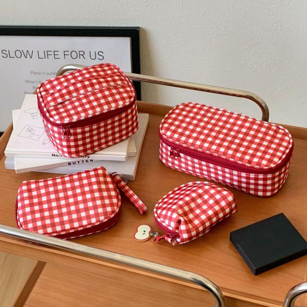 New Red Grid Makeup Bag Multi-size Portable Cosmetic Pouch Handbag Travel