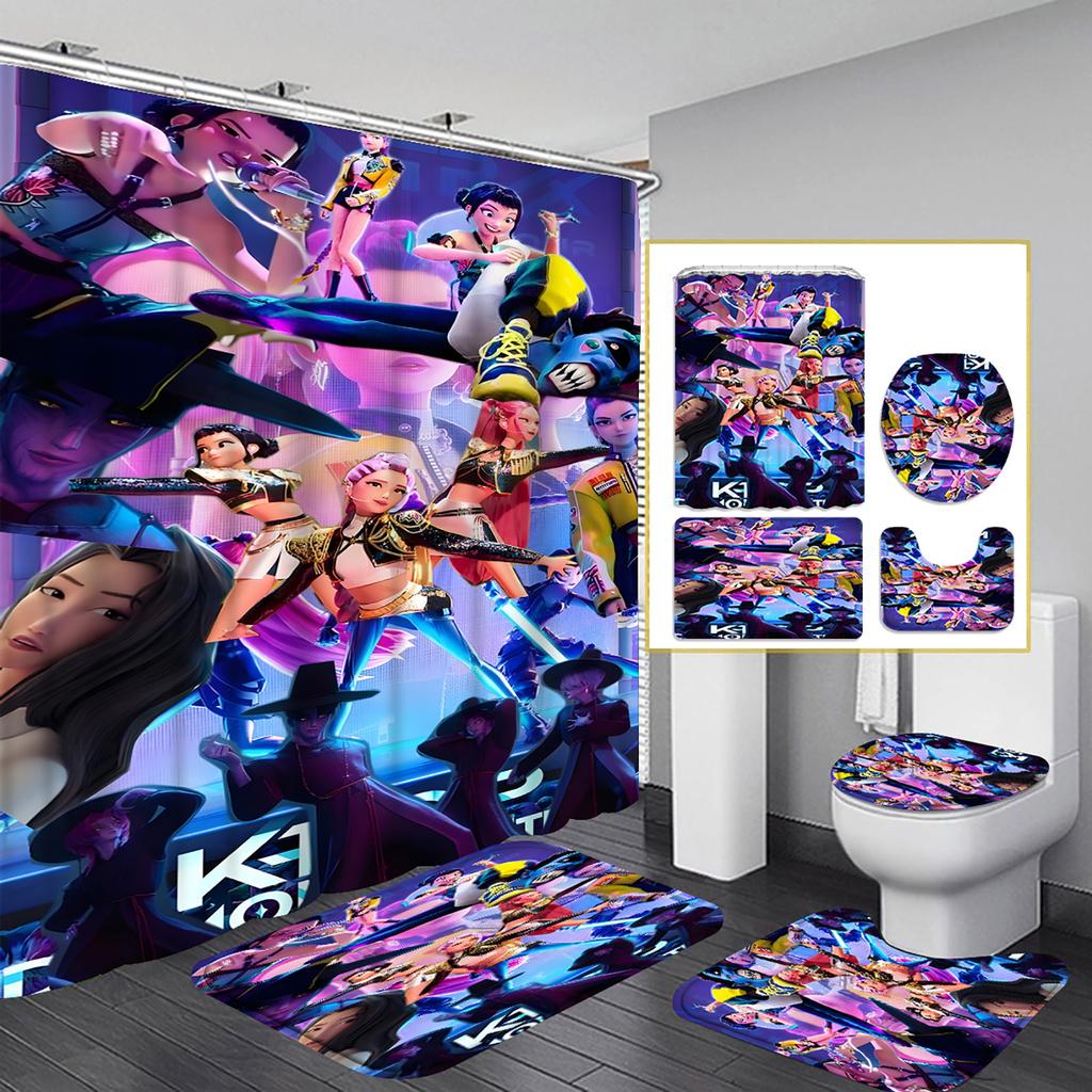 Character Print Bathroom Mat And Shower Curtain 4-Piece Set