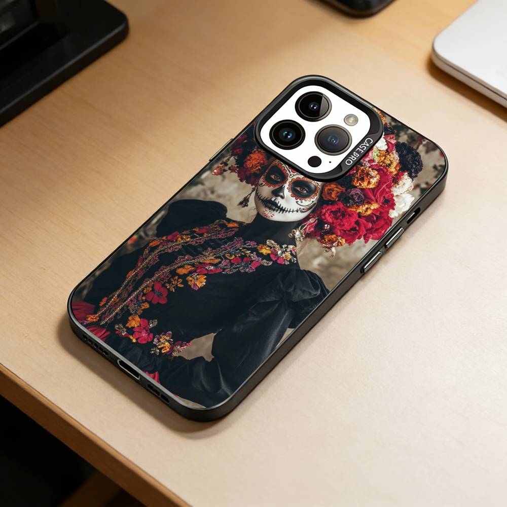 Day of the Dead Skull  Phone Case For iPhone 17,16,15,14,13,12,11 Plus,Pro Max,XS,Colorful Silver Black Cover