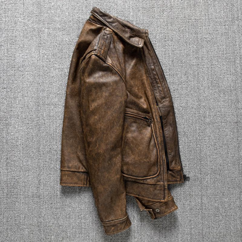 First Layer Pure Cowhide Short Distressed Leather Jacket Leather Jacket Men's Autumn and Winter Coat