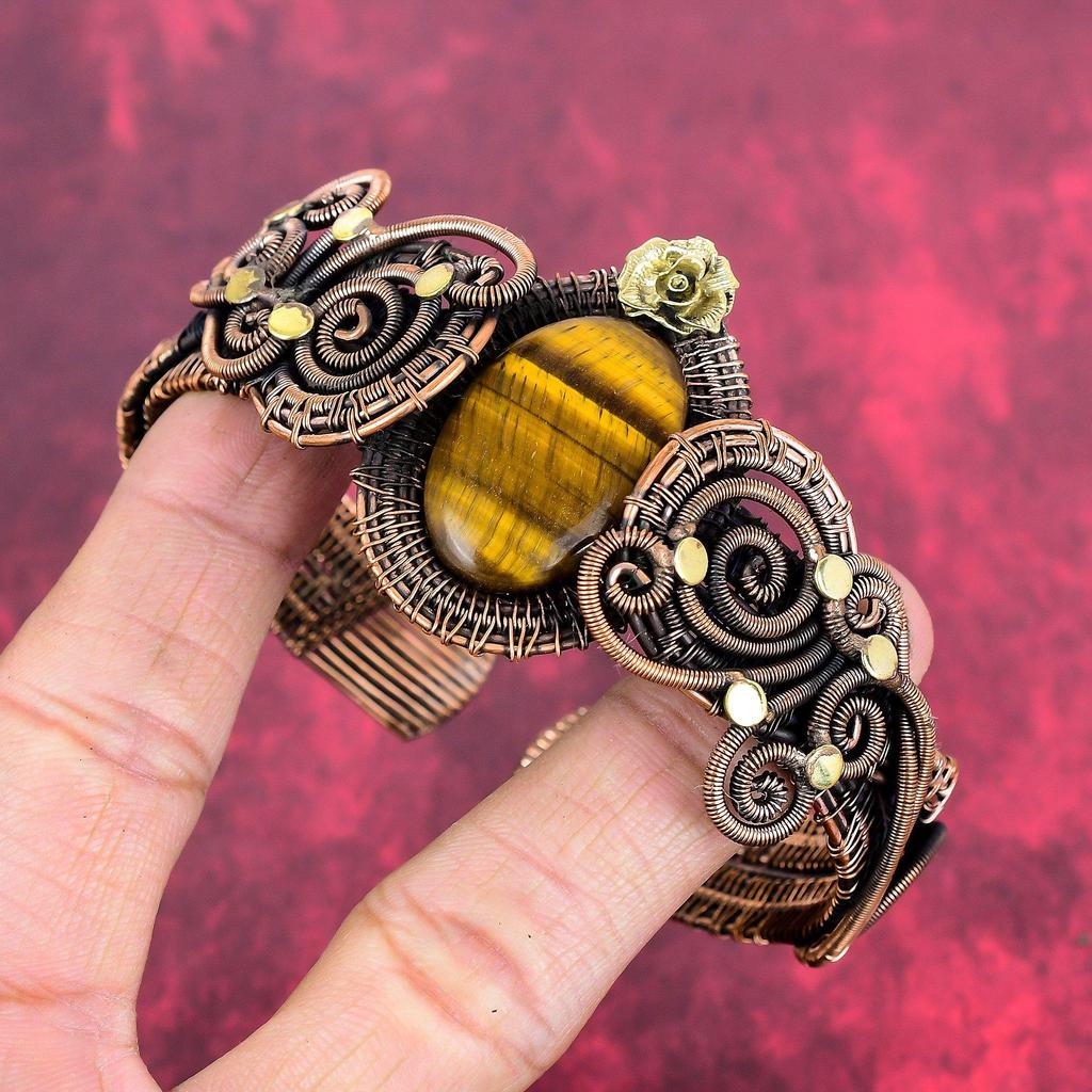 Tiger's Eye Cuff Bracelet Copper Wire Wrapped Bangle Flower Bangle Handmade Adjustable Cuff Bracelet Gemstone Copper Jewelry Gifts for Women