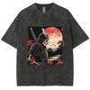 Skeleton Ukiyoe Samurai Shirt, Hiphop Tops Y2K Washed T-shirt, Oversized Streetwear Vintage Washed Surf T-shirts For Men Women