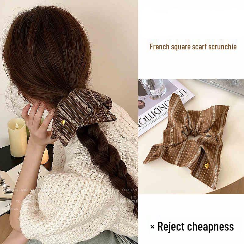 2025 Retro Striped Square Scrunchie with Korean Bow